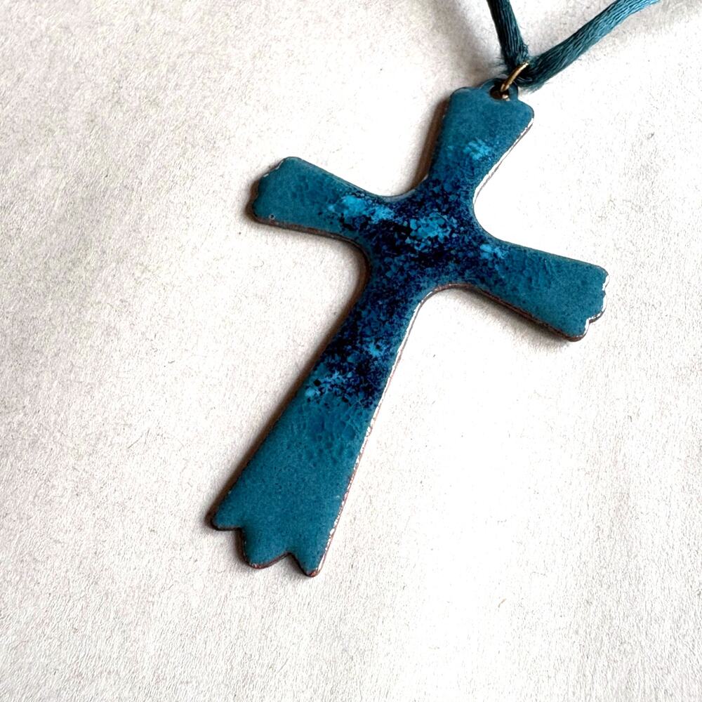 Blue Enamel Cross Large Pendant Necklace Gothic Hippie Emo